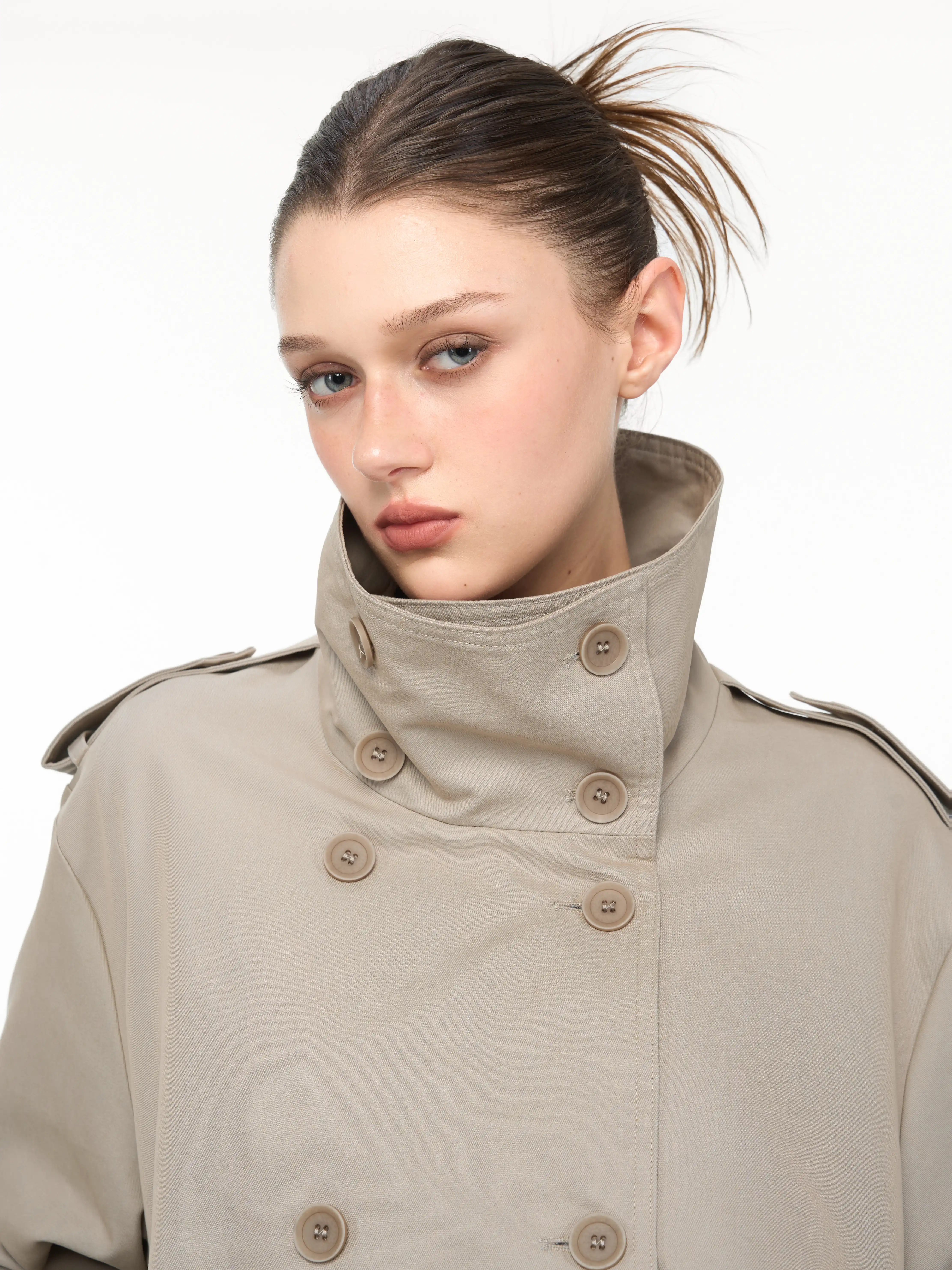 Women's Short Trench Coat, Oversized Double-Breasted Jacket with Mandarin Collar in Cool Colors